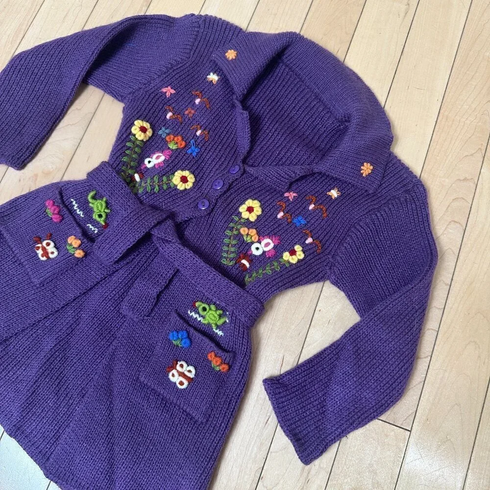 Vintage Baby Toddler Sweater Coat with Embroidered Flowers Size 2T